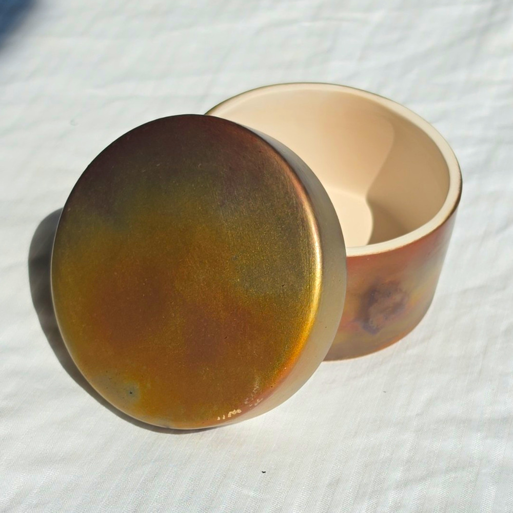 Signed Raku Art Pottery Lidded Trinket Box Metallic Bronze Gold 3½" W x 2¾" T
